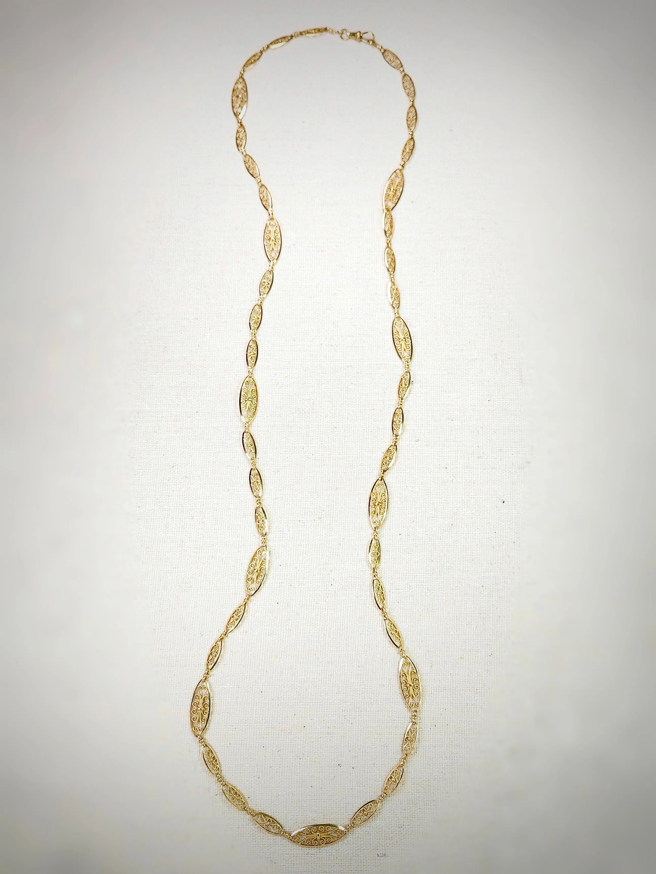 18K Gold Antique Filigree Link Long Chain Necklace 36.5" | Indulgems | Designs in Real Gold