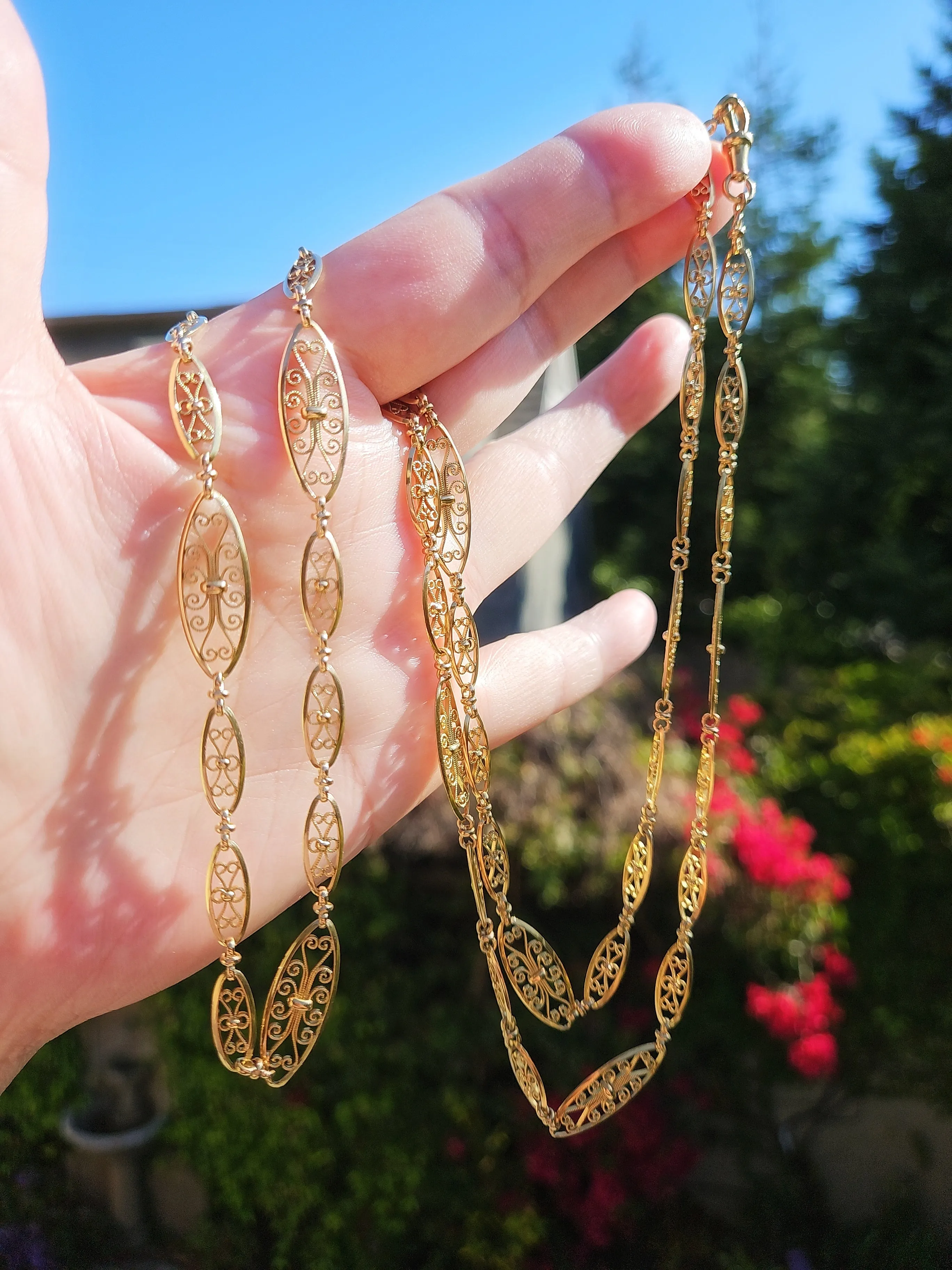 18K Gold Antique Filigree Link Long Chain Necklace 36.5" | Indulgems | Designs in Real Gold