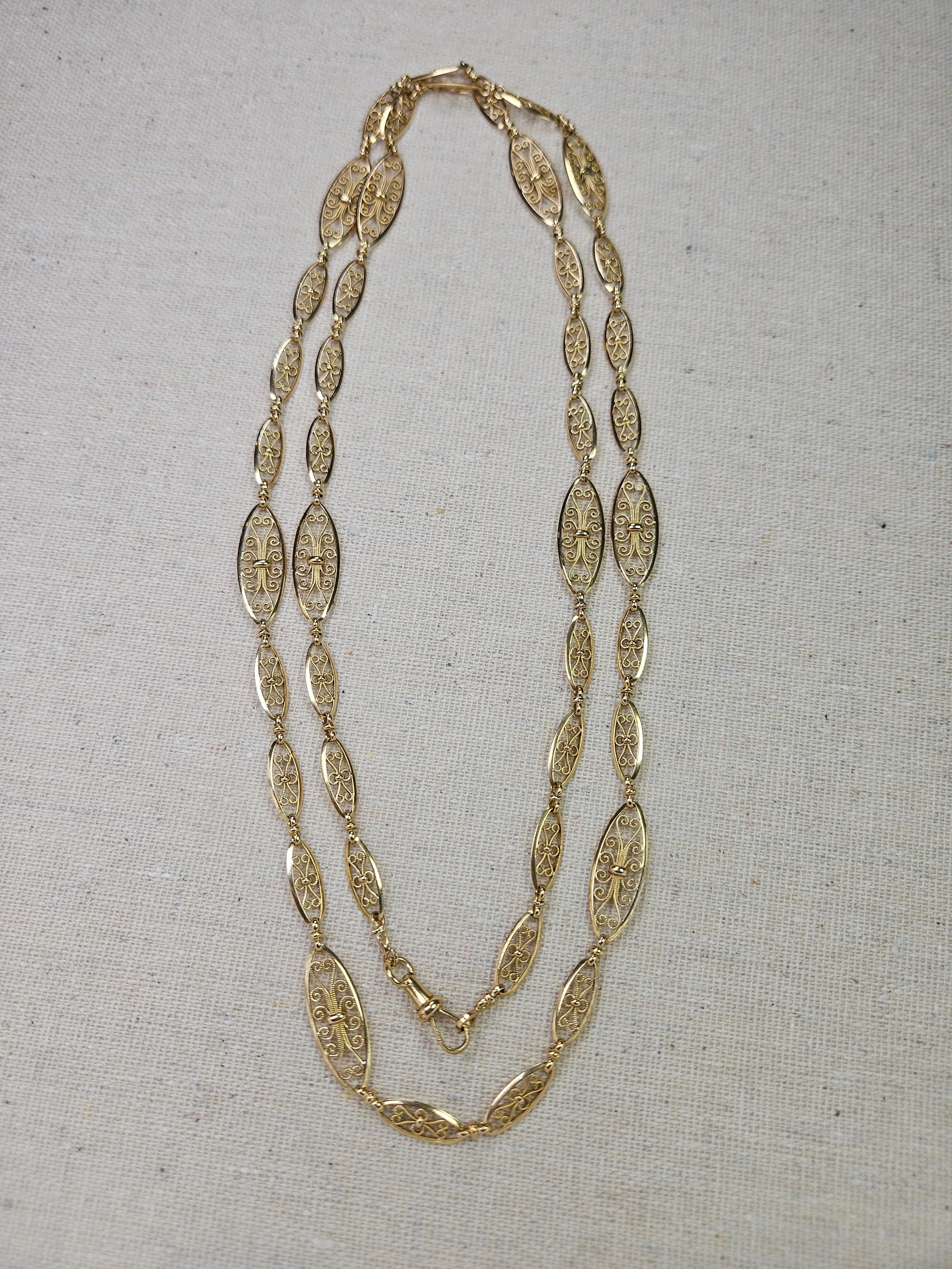 18K Gold Antique Filigree Link Long Chain Necklace 36.5" | Indulgems | Designs in Real Gold