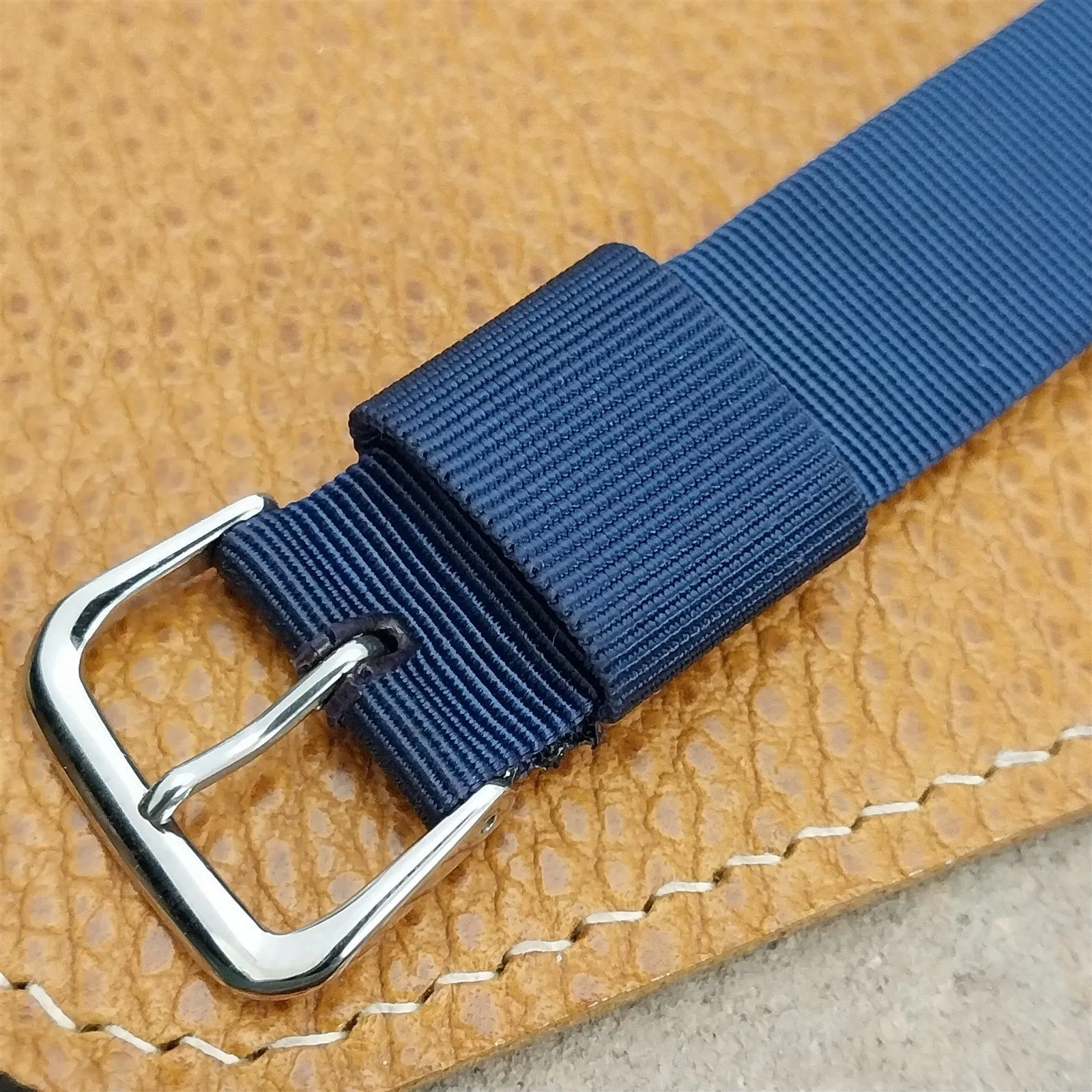 18mm Blue Nylon Single Pass Unused Vintage Watch Band &Polished Stainless Buckle