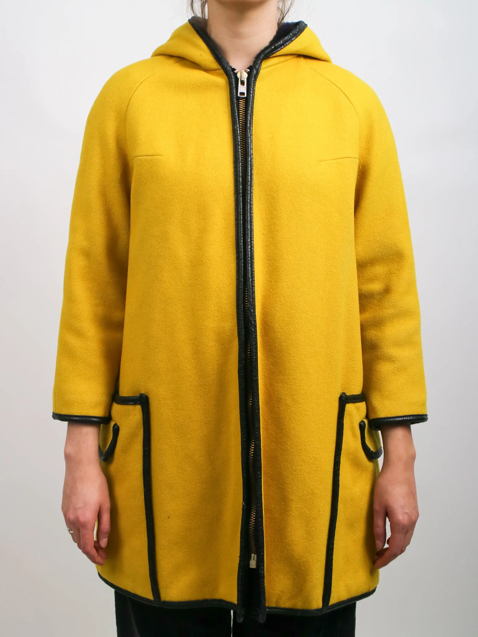 1960s Bright Yellow and Black Bonnie Cashin Style Hooded Coat by Niccolni