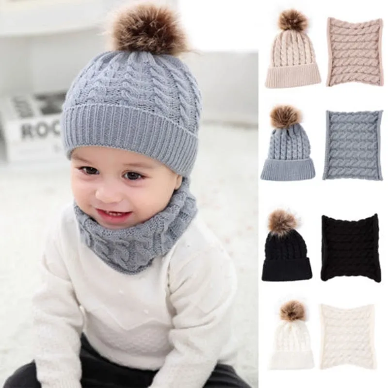 2Pcs Cute Kid Girl Boy Baby Infant Winter Warm Crochet Knit Hat