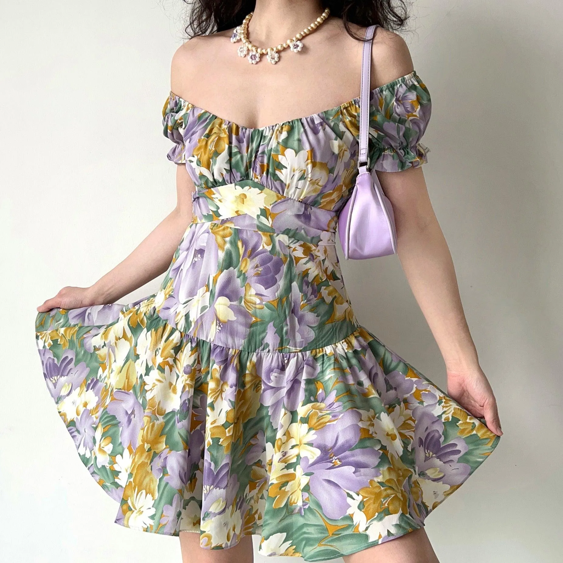 Ancient Oil Painting Floral Puff Sleeve Short Sleeve Dress