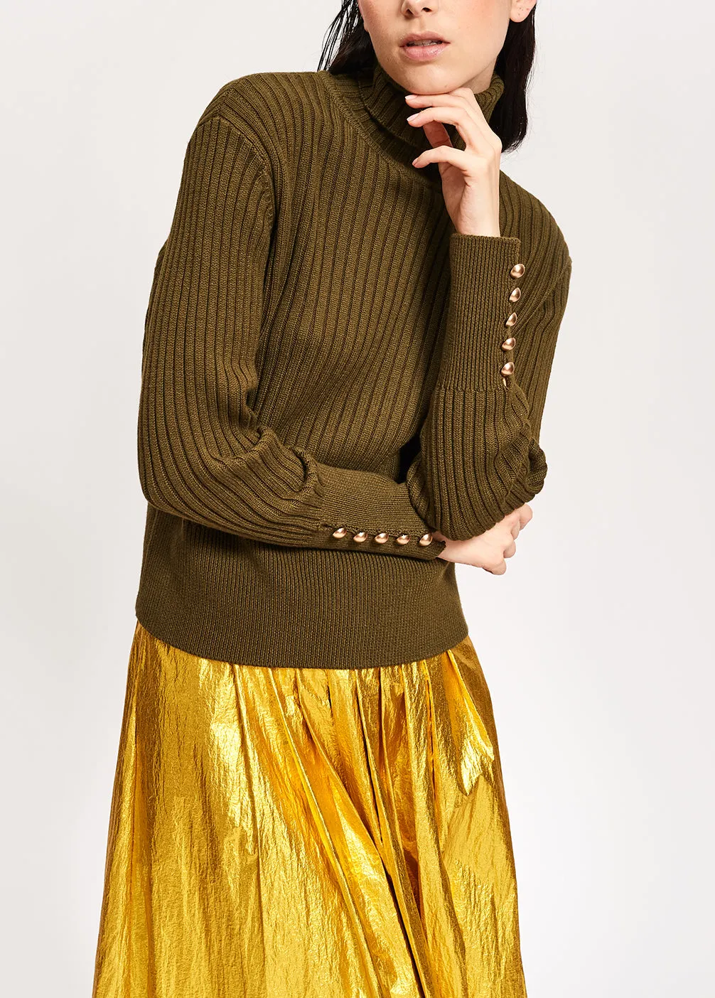 Army green cotton and wool-blend turtleneck sweater