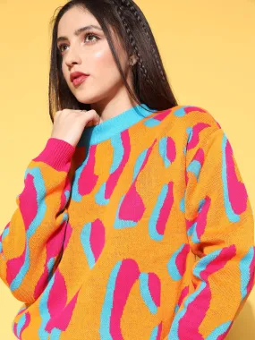 Berrylush Women Yellow & Pink Abstract Printed Round Neck Acrylic Straight Hem Regular Pullover