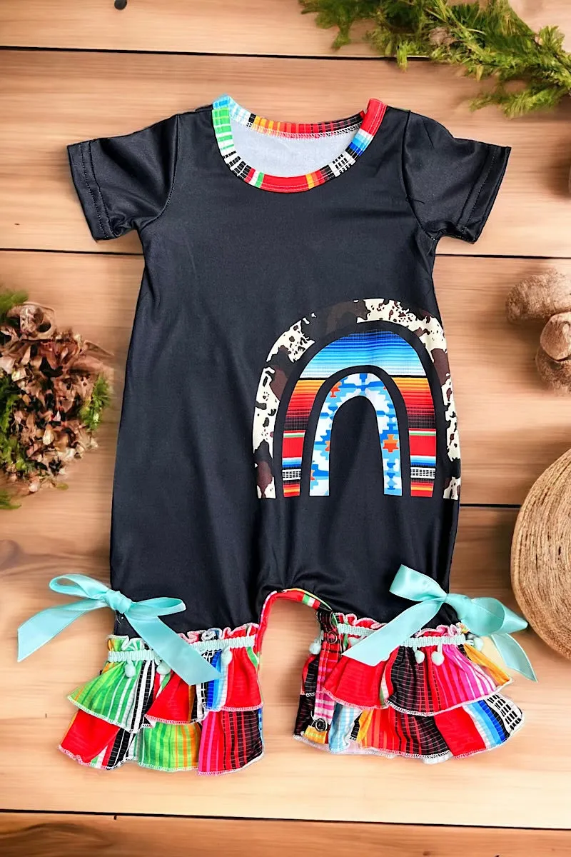 Black baby onesie with serape printed rainbow. L-DLH2313K-WENDY