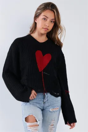 Black Over Size Fit Embroidered Heart Distressed Sweater /2-1-2-2