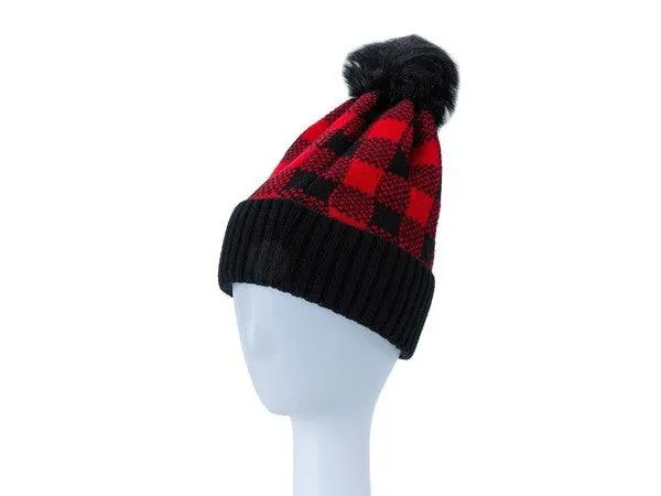 Checkered Pom Pom Beanie