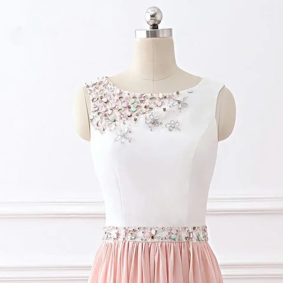 Chic A Line Chiffon Pink Beading Long Sleeveless Prom Dresses