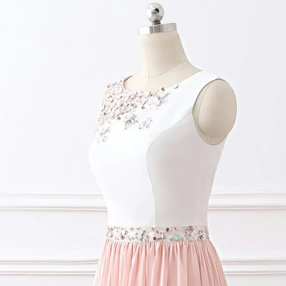 Chic A Line Chiffon Pink Beading Long Sleeveless Prom Dresses