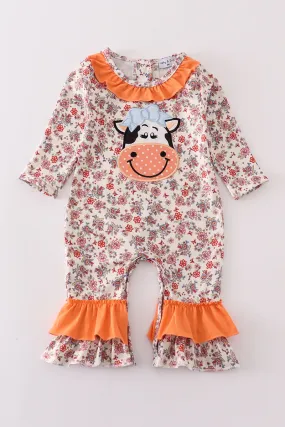 Coral floral cow applique girl romper