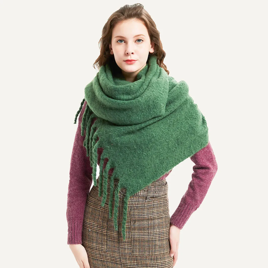 Cozy Solid Green Fringe Trim Loop Yarn Boucle Knit Scarf