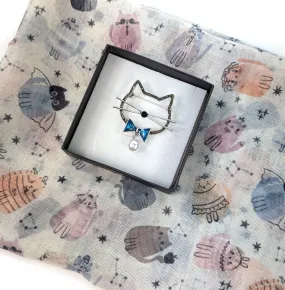 Creative Cat Gift Set - Cat Scarf & Diamante Brooch