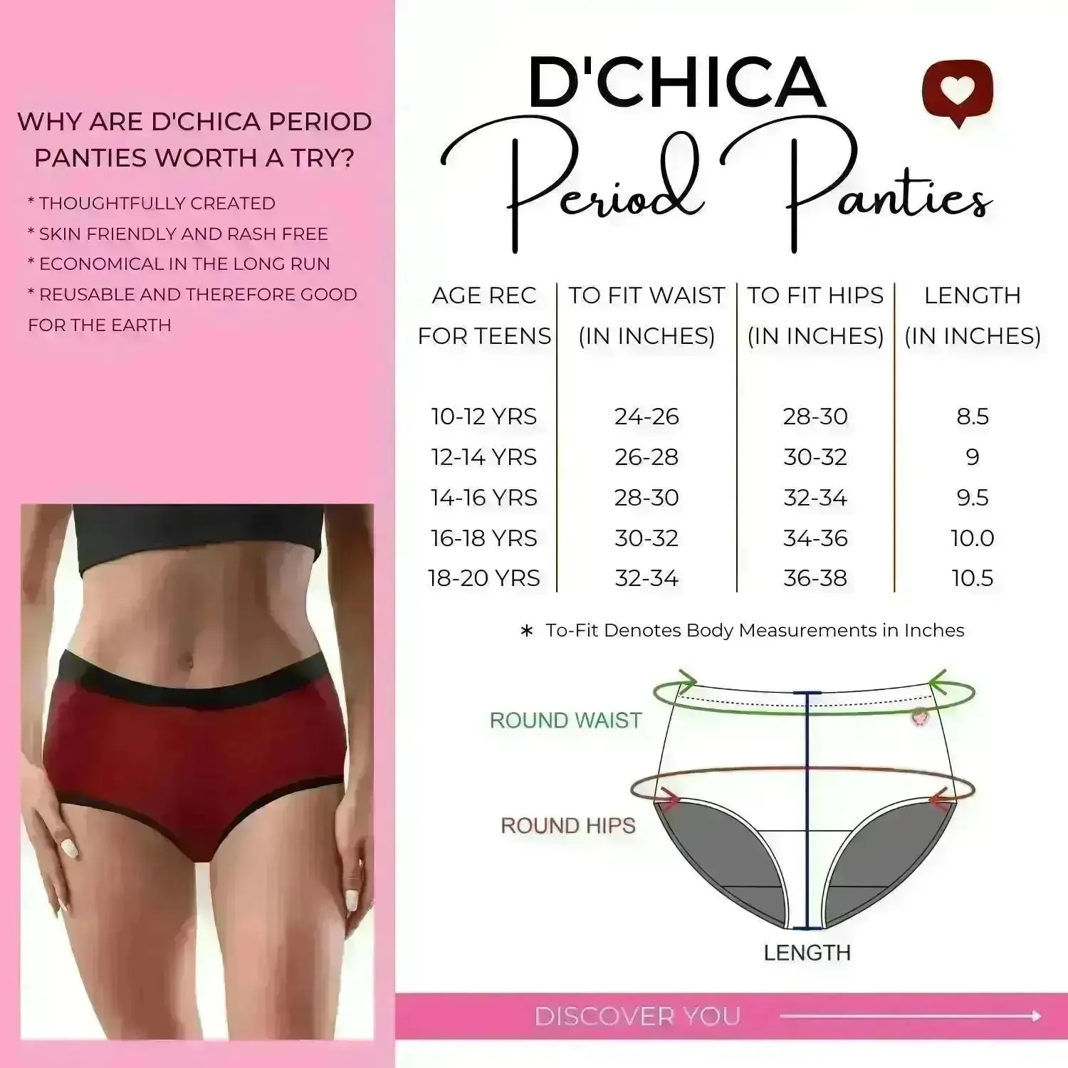 D'chica Kitty Print Eco-Friendly Anti-Microbial Lining Period Panties Pink with Black Lining, No Pad Required