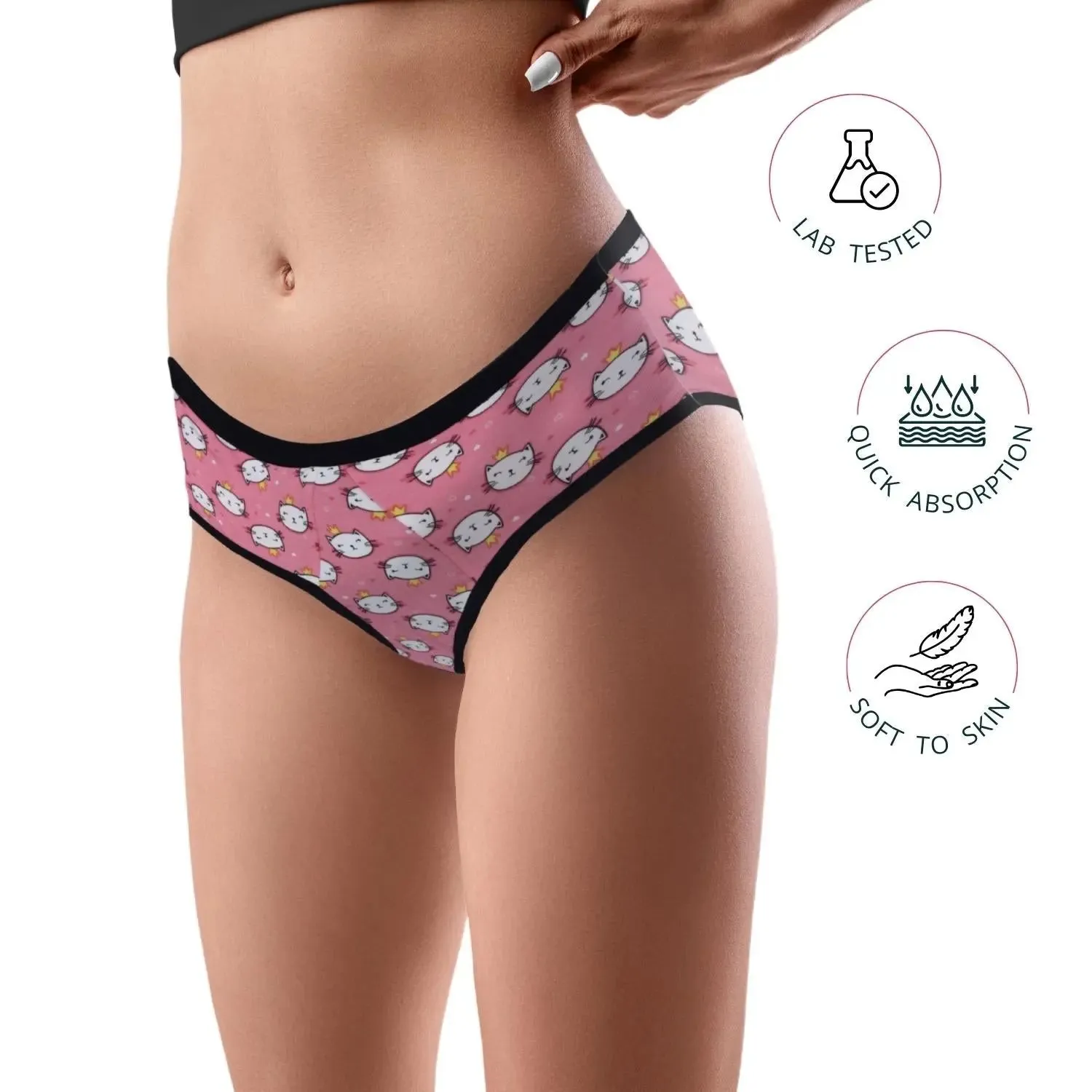 D'chica Kitty Print Eco-Friendly Anti-Microbial Lining Period Panties Pink with Black Lining, No Pad Required