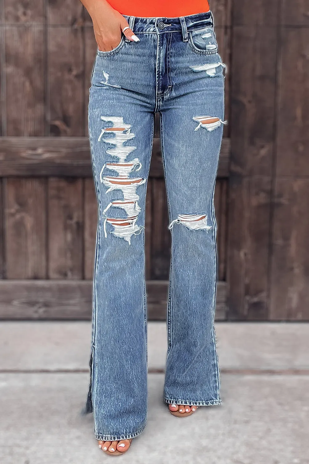 Distressed Ripped Leg Slit Jeans