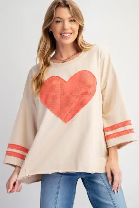 Easel 3/4 Sleeve Heart Patch Mineral Washed Pullover