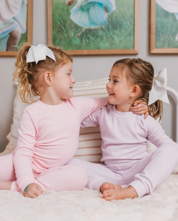 Girls Soft & Cozy Thermal 2-Piece Long Johns | Red w- Light Pink Stitch