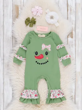 Green Floral Snowgirl Ruffle Romper