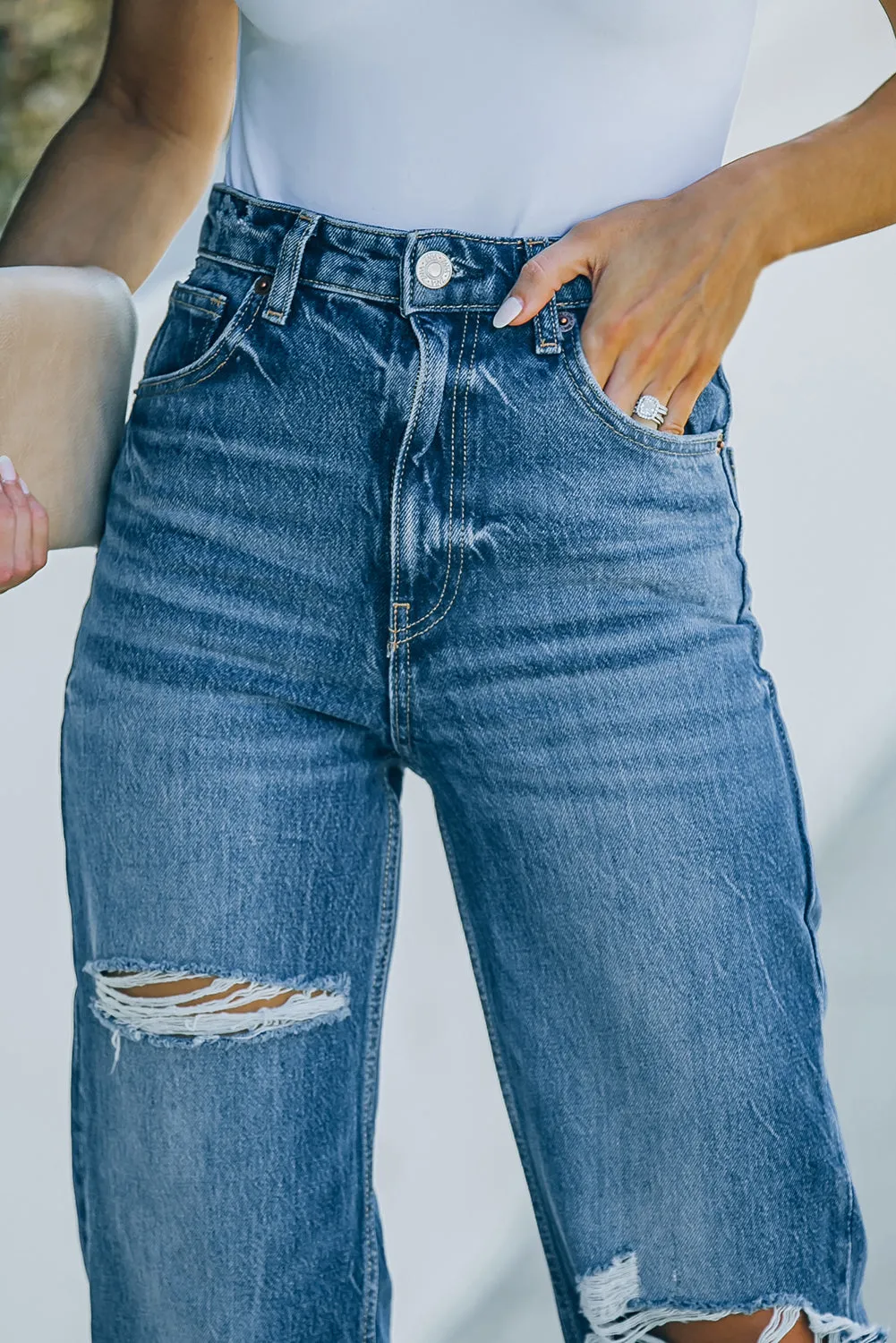 High Rise Ripped Straight Legs Loose Jeans