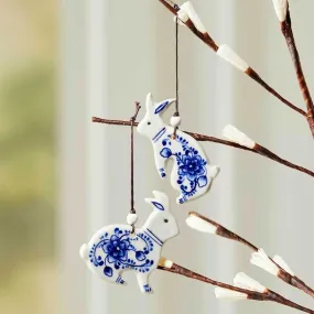 Indigo Floral Bunny Ornaments - Set of 2