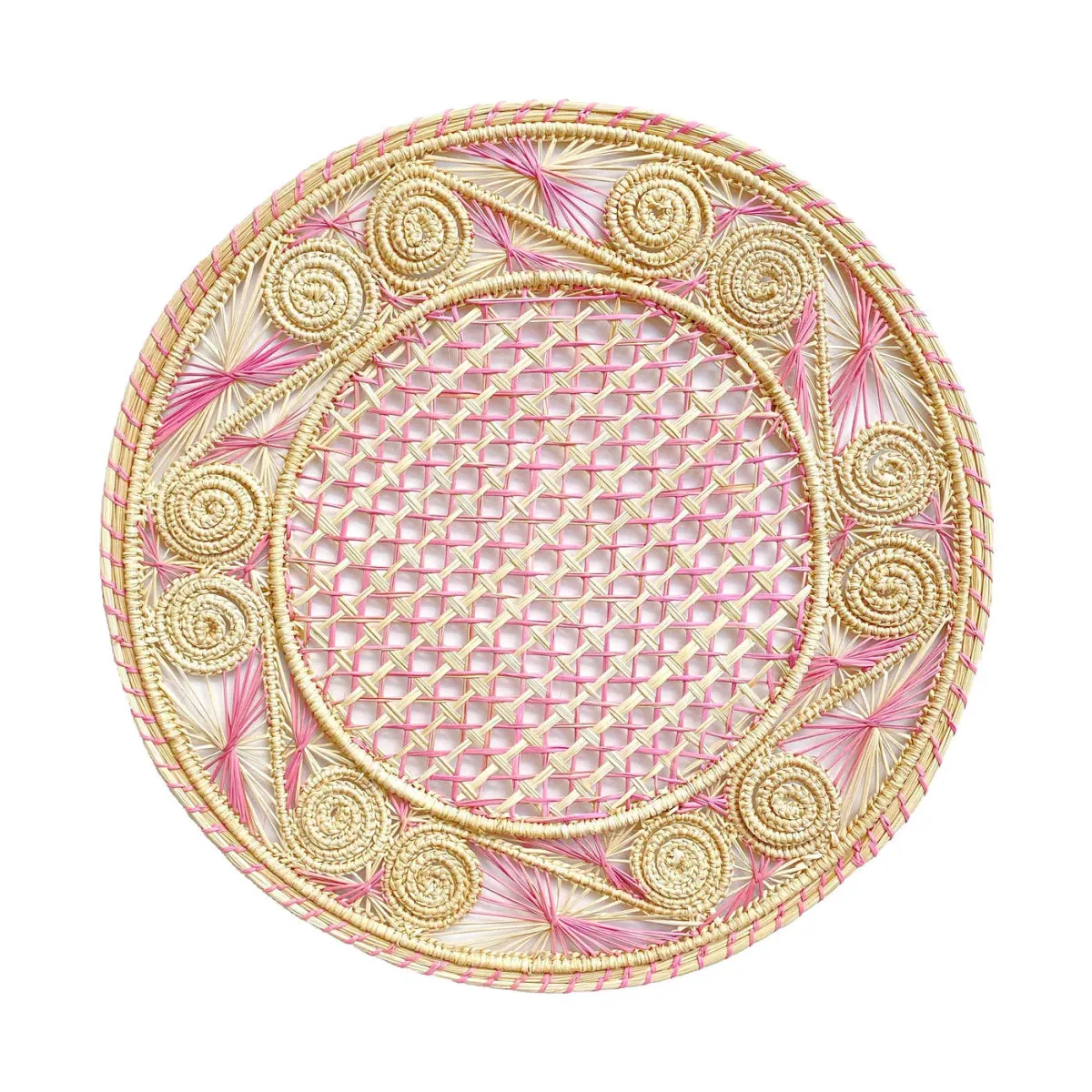 Iraca Hand-Woven Round Placemat | Natural & Pink