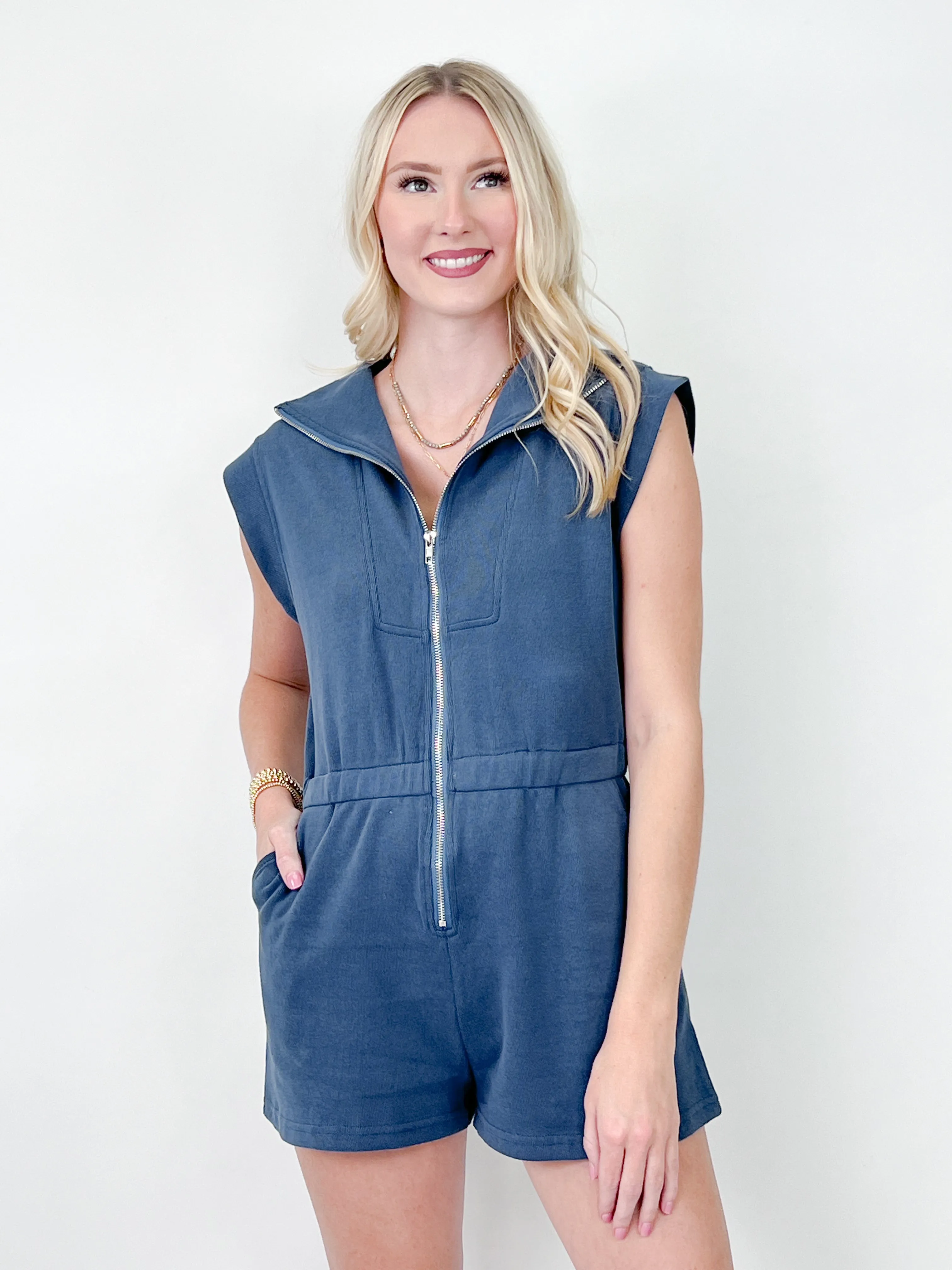 Kendra - Drop Shoulder Front Zip Romper (Navy)