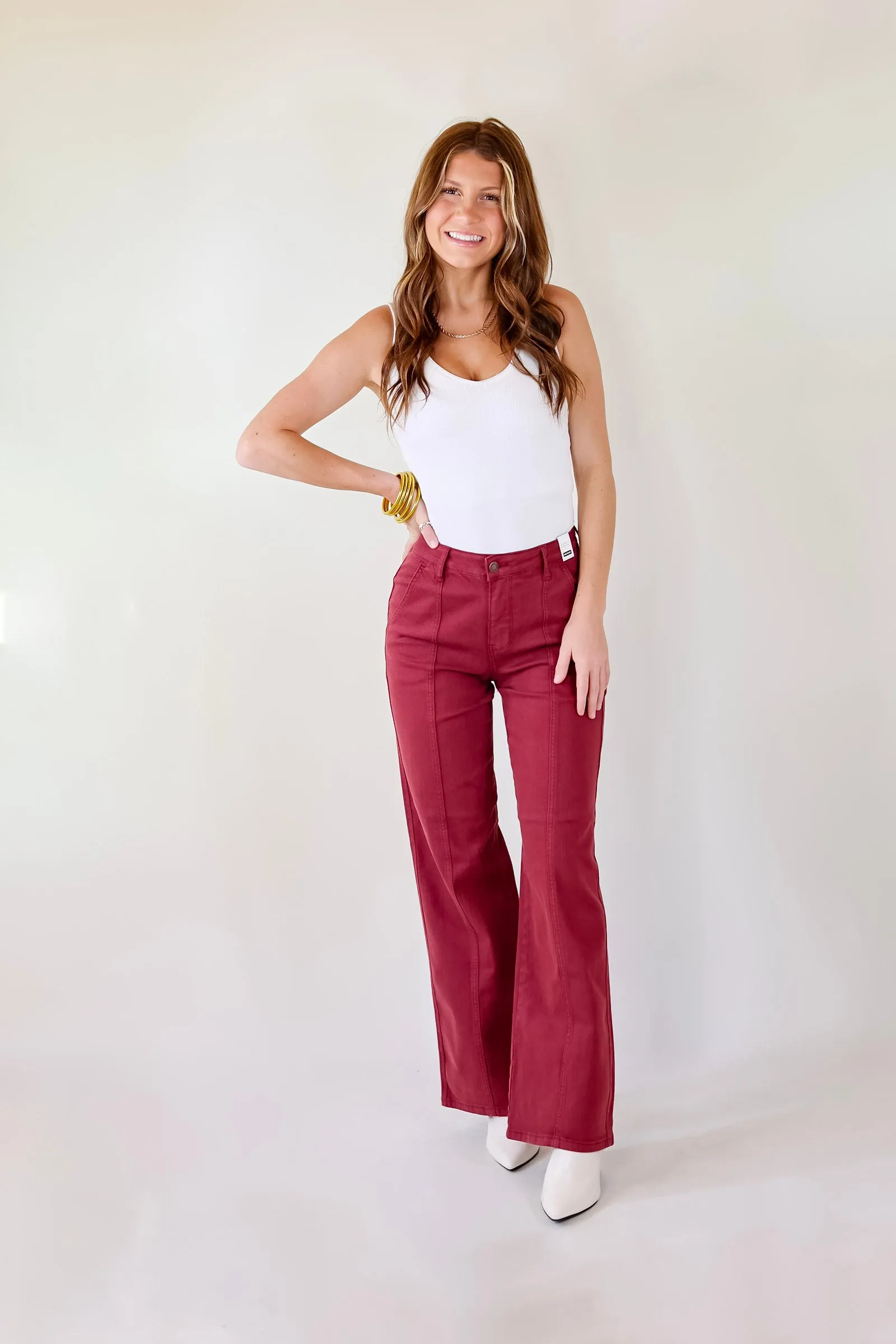 Last Chance Size 0, 15, 14W, 16W, 20W, 22W, 24W | Judy Blue | Day Dreamin' Wide Leg Jeans with Front Seam in Burgundy Red