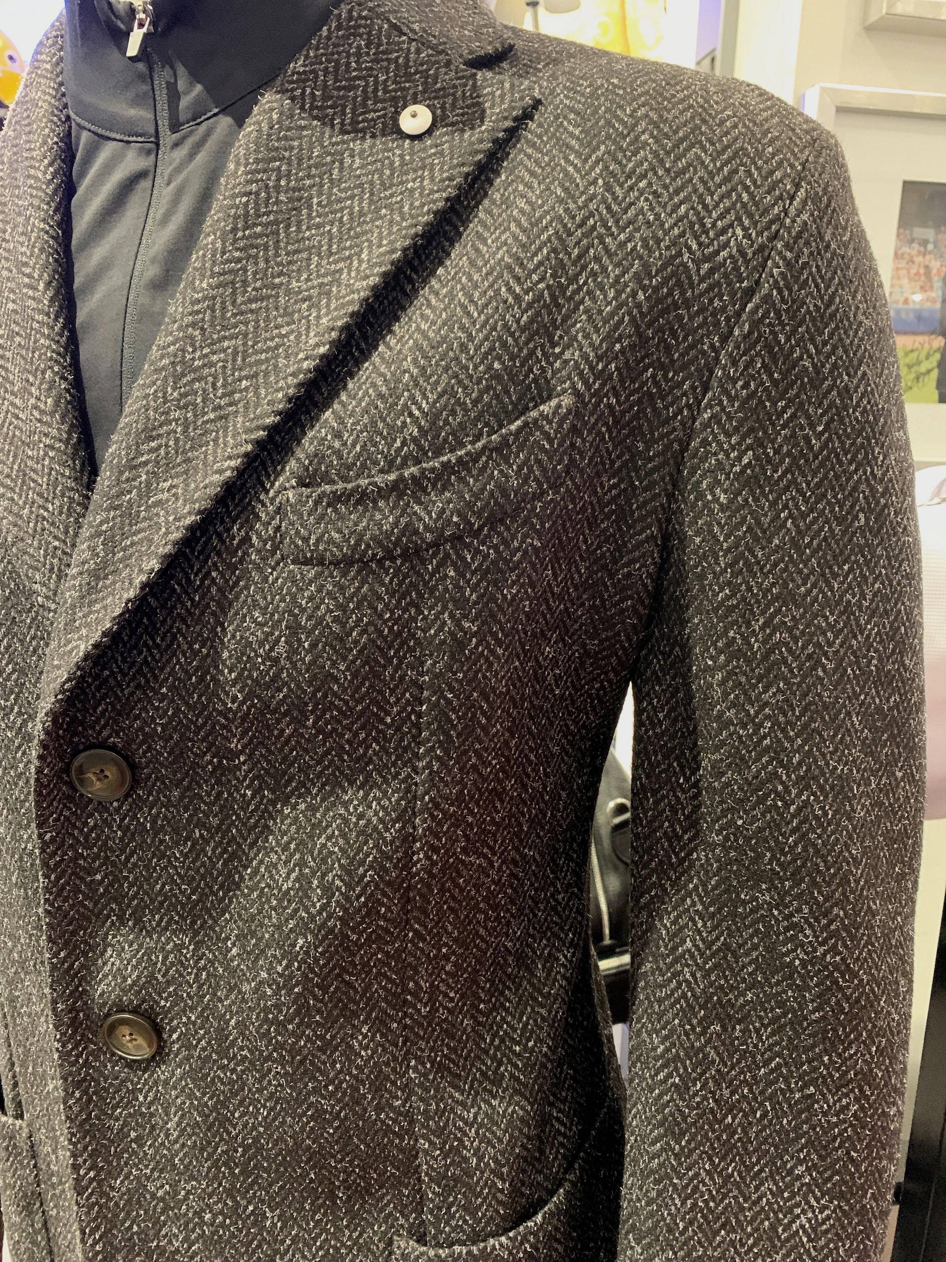 LBM Over Coat: Dark Grey Herringbone Wool Tweed with Patch Pockets