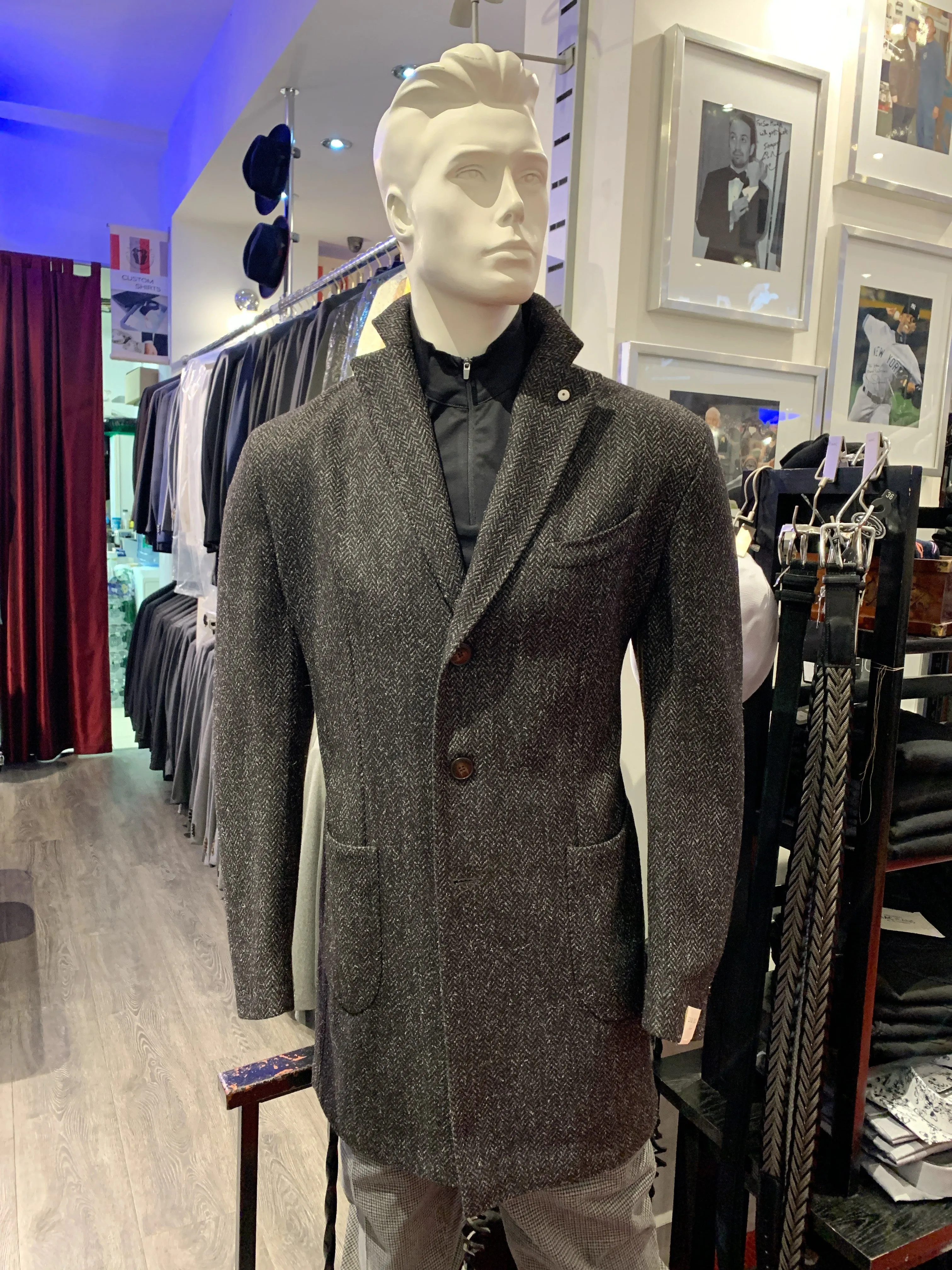 LBM Over Coat: Dark Grey Herringbone Wool Tweed with Patch Pockets