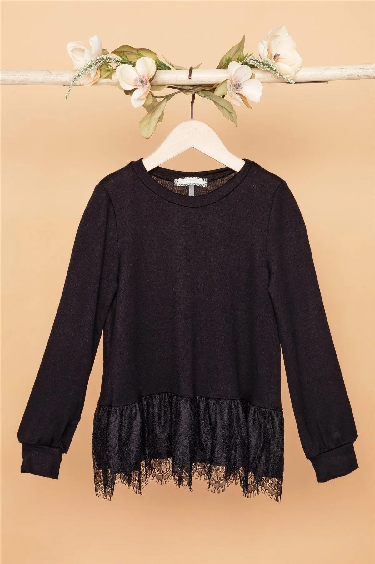 Little Girls Black Long Sleeve Lace Hem Knit Top