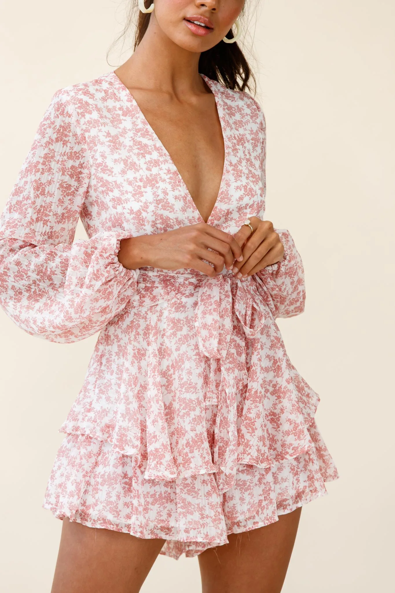 Maddox Fit & Flare Long Sleeve Romper Dainty Floral Print Pink