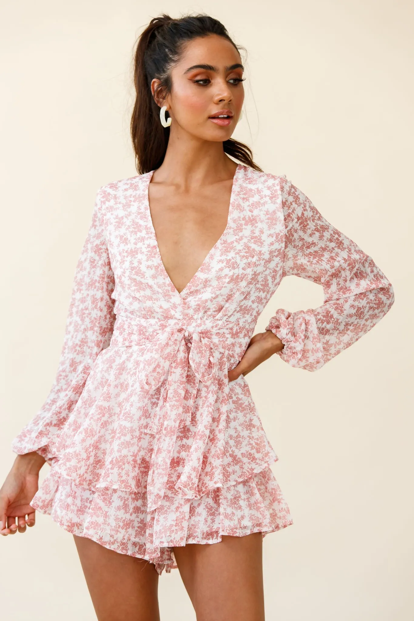 Maddox Fit & Flare Long Sleeve Romper Dainty Floral Print Pink