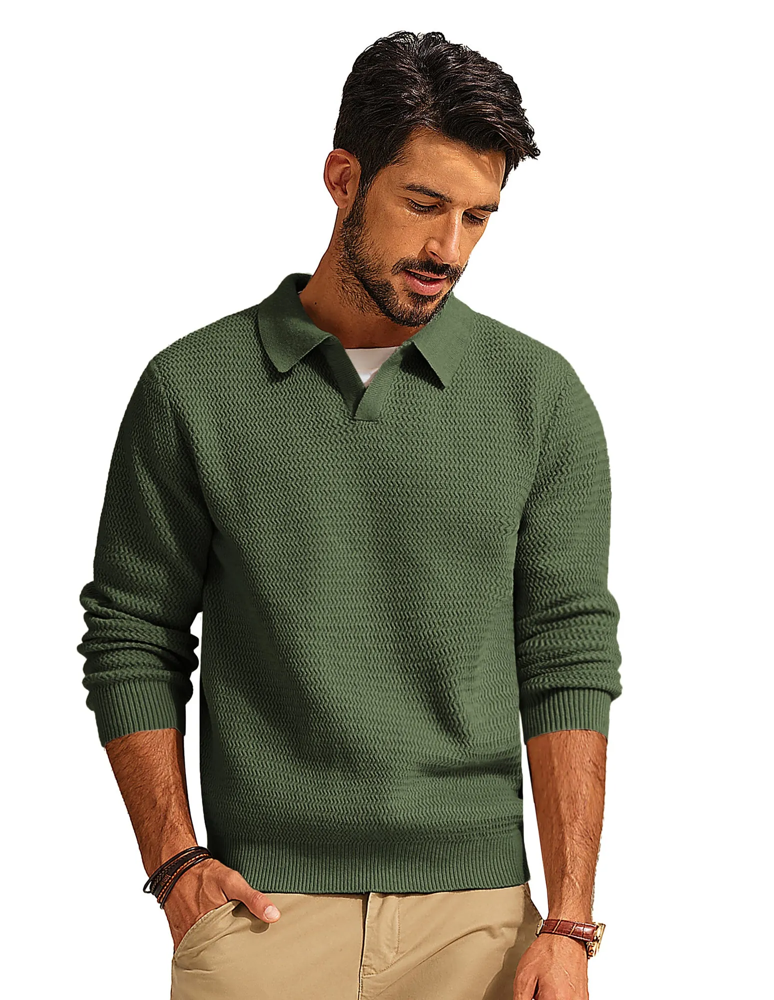 Men Fully Textured Sweater Long Sleeve Lapel Collar V-Neck Pullover Knitwear