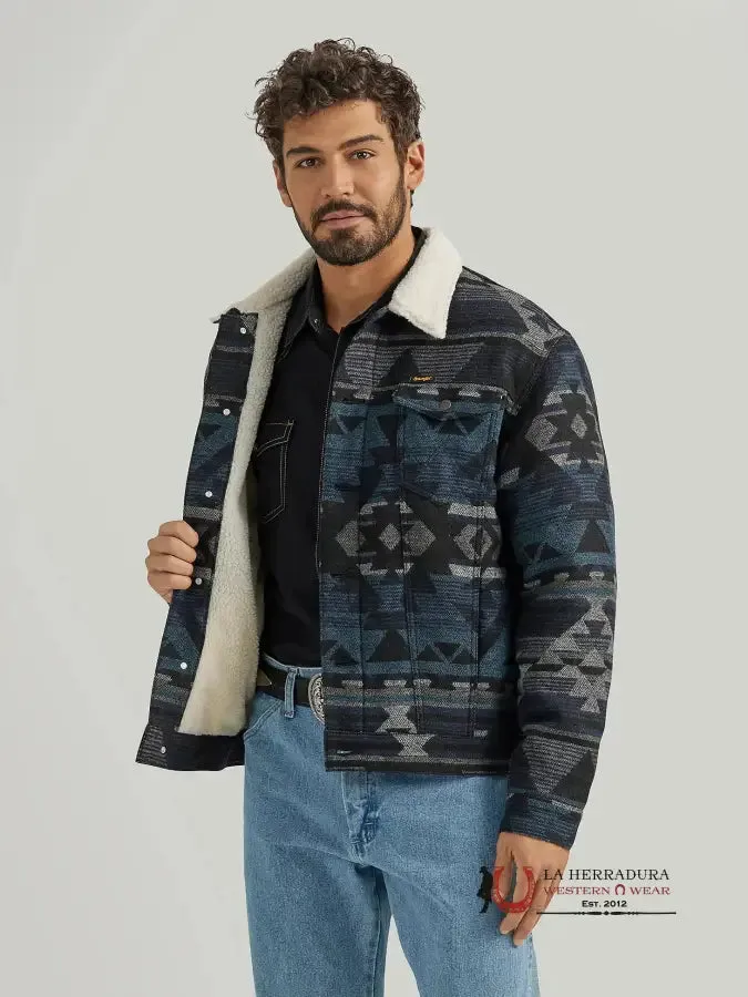 Men's Wrangler Sherpa Lined Jacquard Print Jacket in Navy Waters