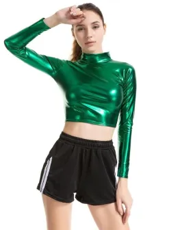 Metallic Green Long Sleeve Turtleneck Crop Top