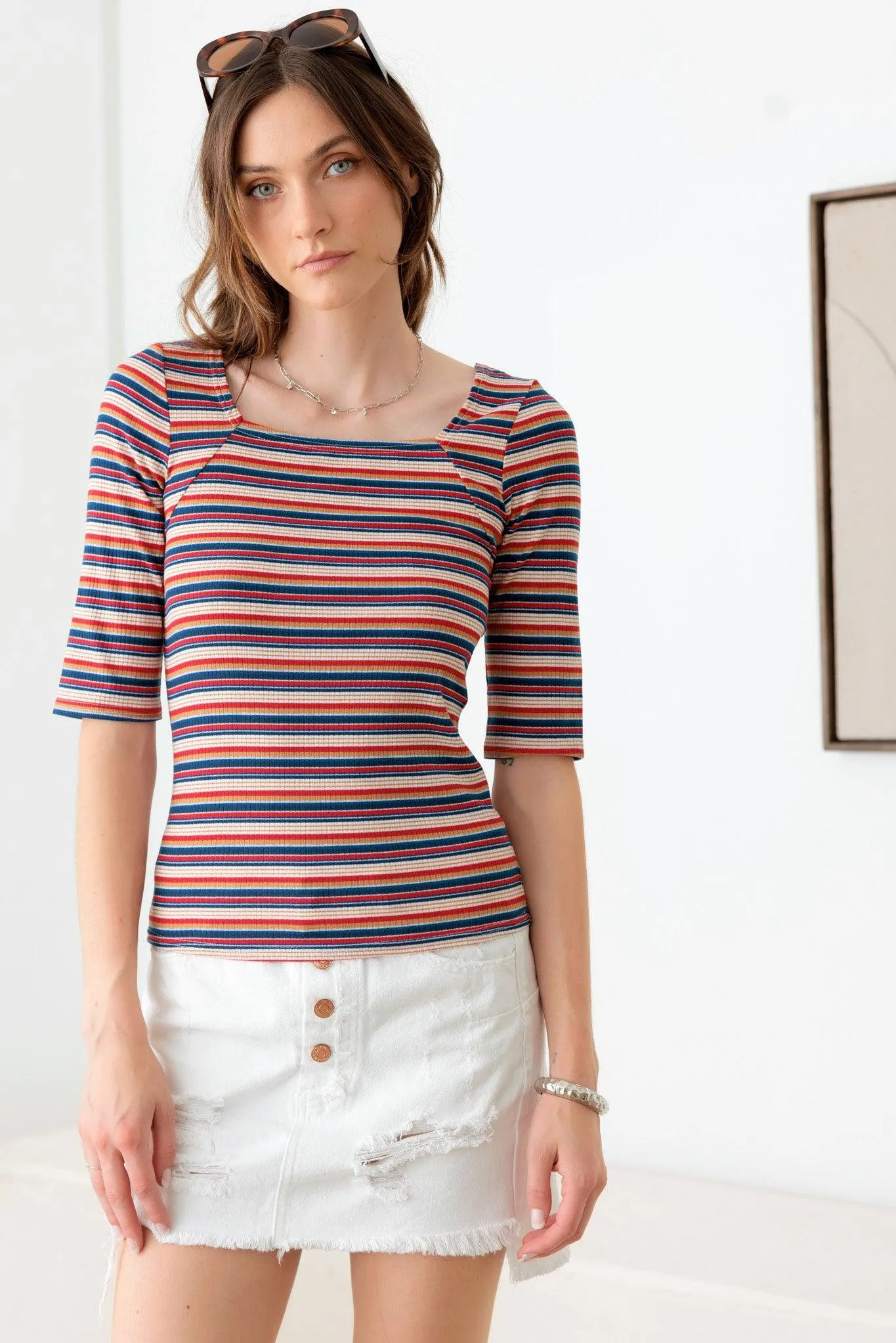 Multi Color Striped Square Neckline Rib Knit Top