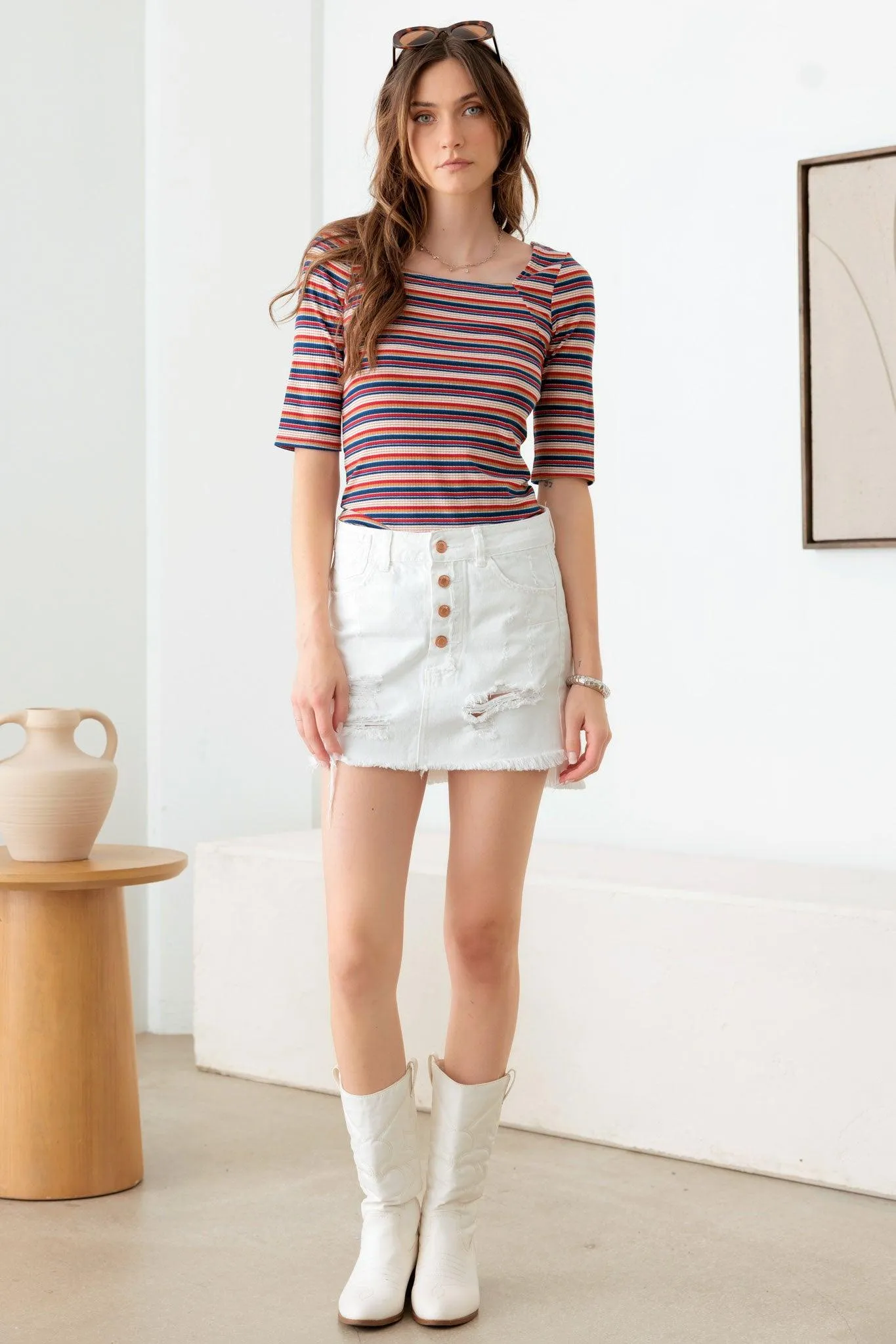 Multi Color Striped Square Neckline Rib Knit Top