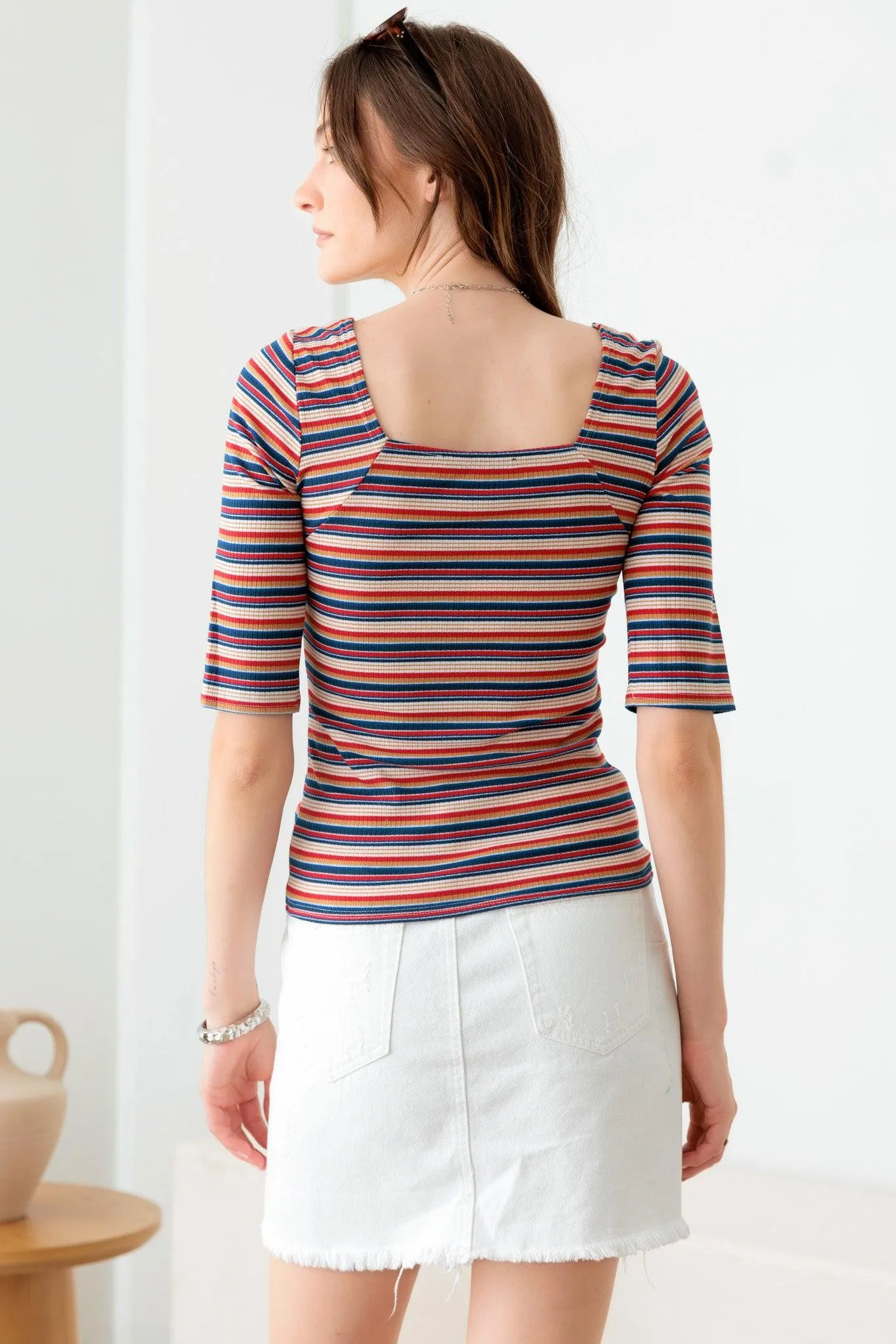 Multi Color Striped Square Neckline Rib Knit Top