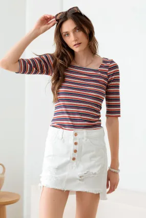 Multi Color Striped Square Neckline Rib Knit Top