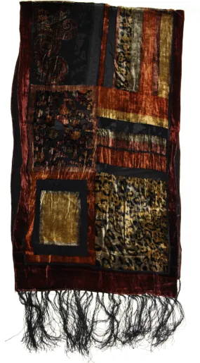 Multicoloured Rectangular Patterned Devore Velvet Scarf with Brown Boarders (160 x 46cm)