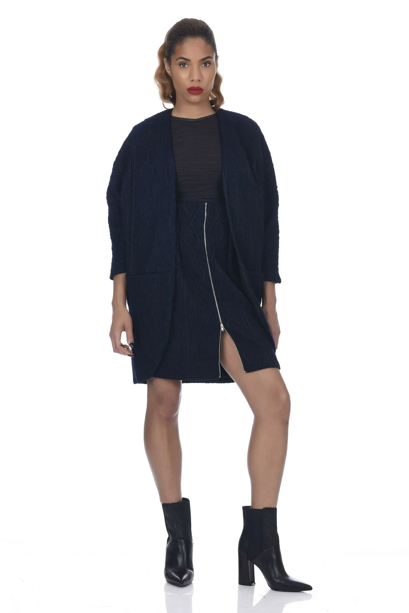 Navy 2-Way Zipper Front Cable Knit Skirt