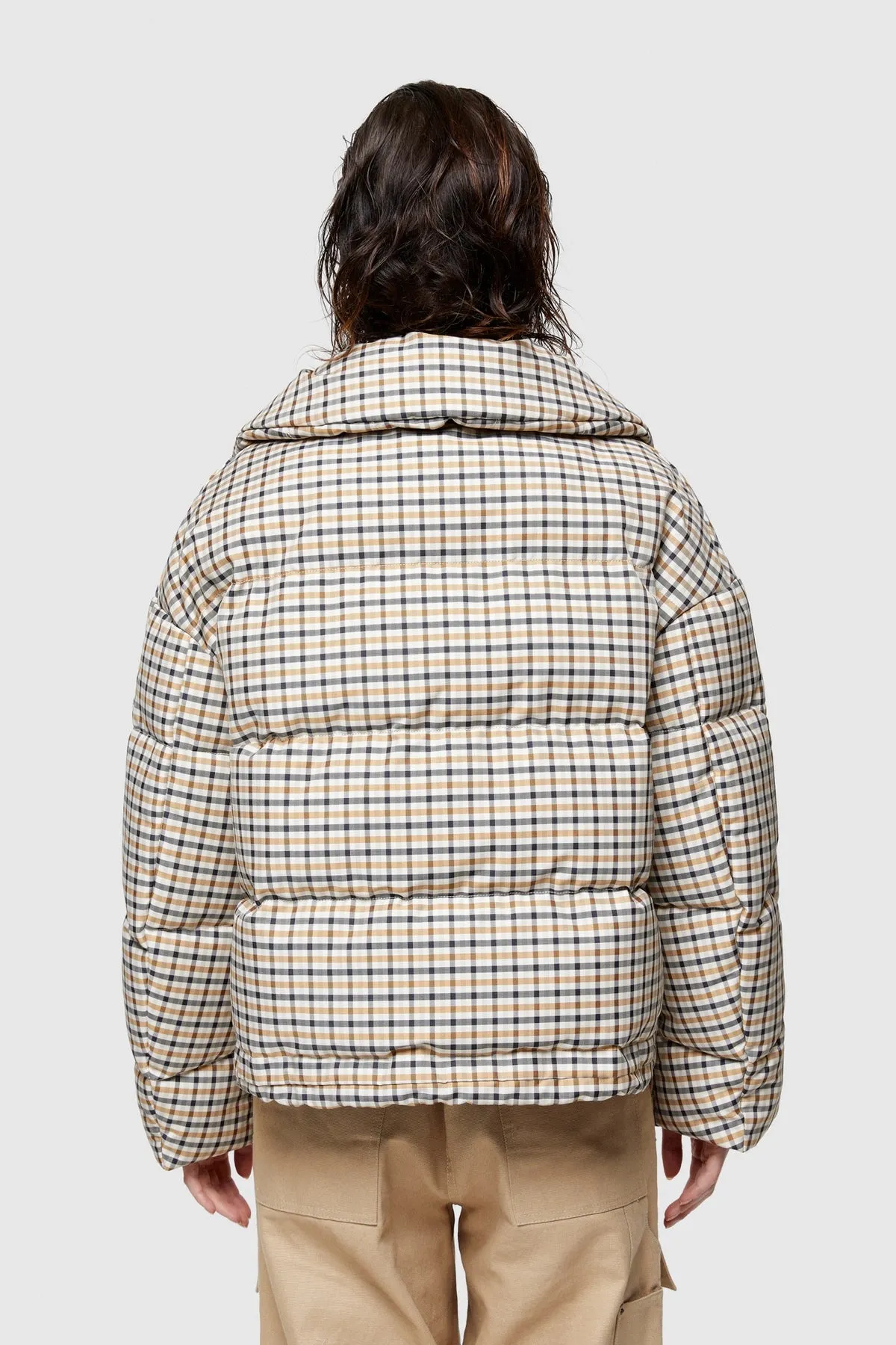 Oofwear - Shape Memory Nylon Short Jacket in Camel/Brown Plaid