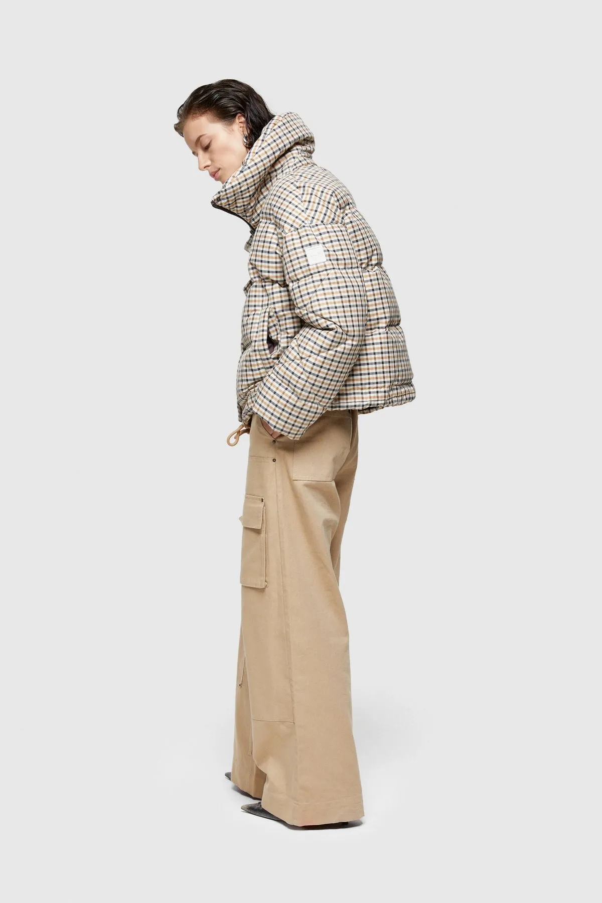 Oofwear - Shape Memory Nylon Short Jacket in Camel/Brown Plaid