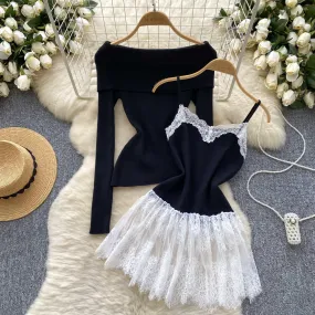 Outwear Sweater&Fringed Slip Dress 2Pcs