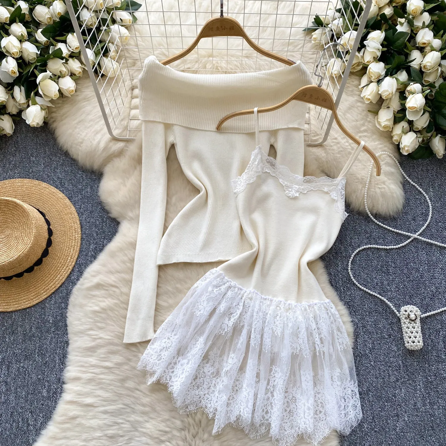 Outwear Sweater&Fringed Slip Dress 2Pcs