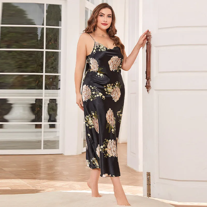 Plus Size Sexy 100% Mulberry Silk Flower Printed Silk Sleepwear Nightgown