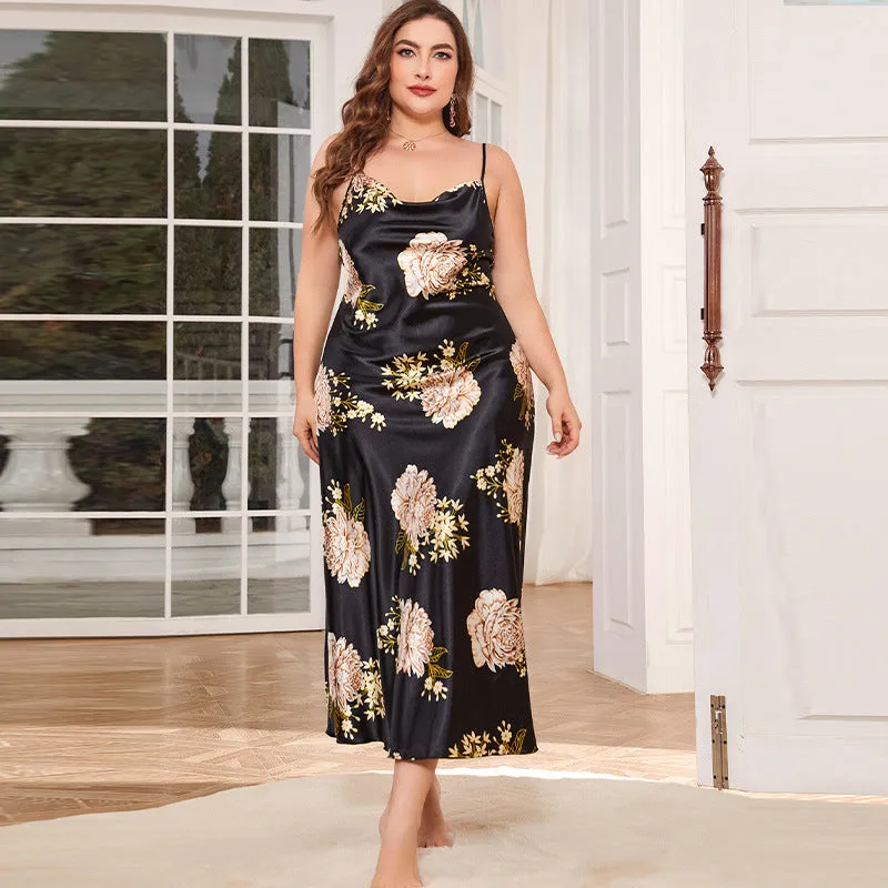 Plus Size Sexy 100% Mulberry Silk Flower Printed Silk Sleepwear Nightgown