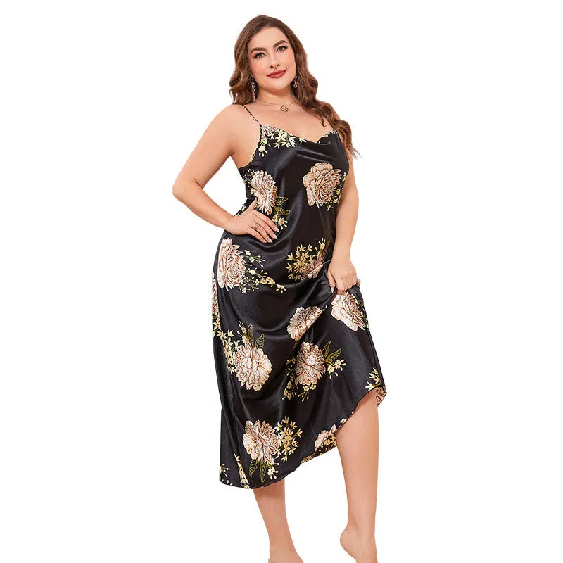 Plus Size Sexy 100% Mulberry Silk Flower Printed Silk Sleepwear Nightgown