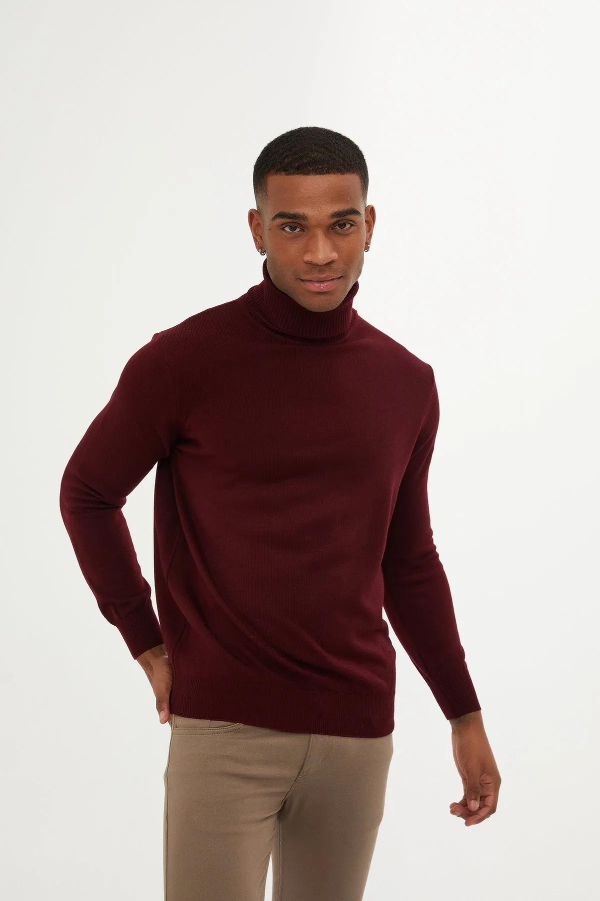 Regular Fit Basic Plain Light Burgundy Turtleneck Sweater